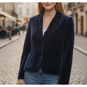 Frank Walder Navy Velvet Blazer Ruffle Lapel Button Front Women’s 38